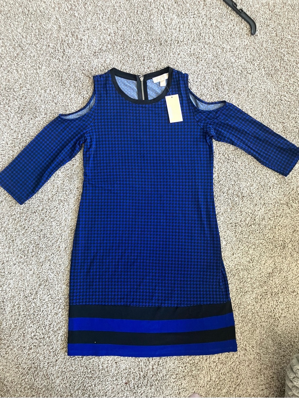 NWT Michael Kors Blue and Black Cold-Shoulder Houndstooth Dress size M